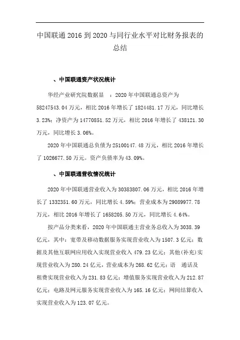 中国联通2016到2020与同行业水平对比财务报表的总结