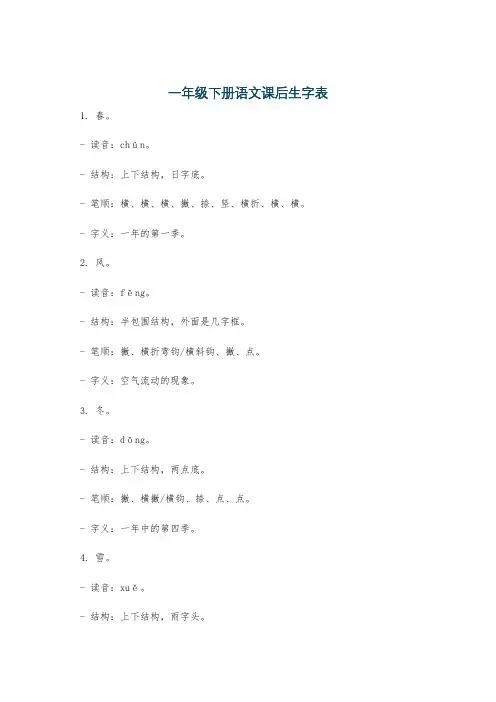 一年级下册语文课后生字表