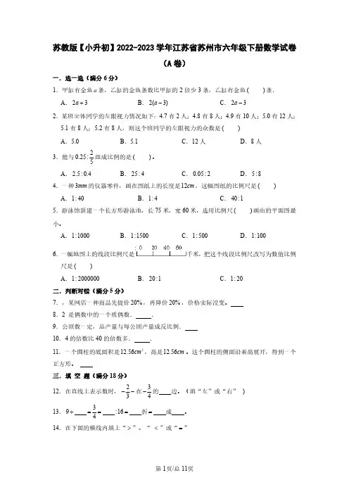 苏教版【小升初】2022-2023学年江苏省苏州市六年级下册数学试卷(A卷)含解析