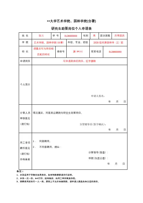 福建农林大学艺术学院、园林学院合署)研究生助管岗位个人申请表【模板】