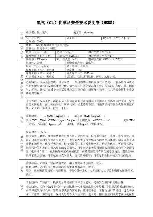 氯气化学品安全技术说明书 MSDS