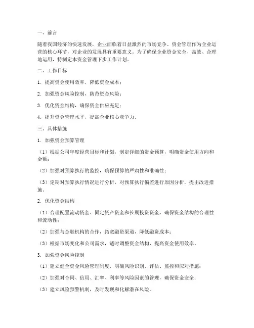 资金管理下步工作计划范文