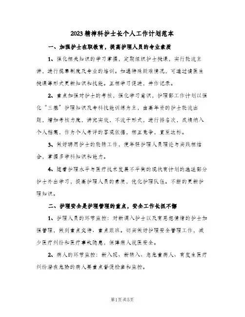 2023精神科护士长个人工作计划范本(2篇)