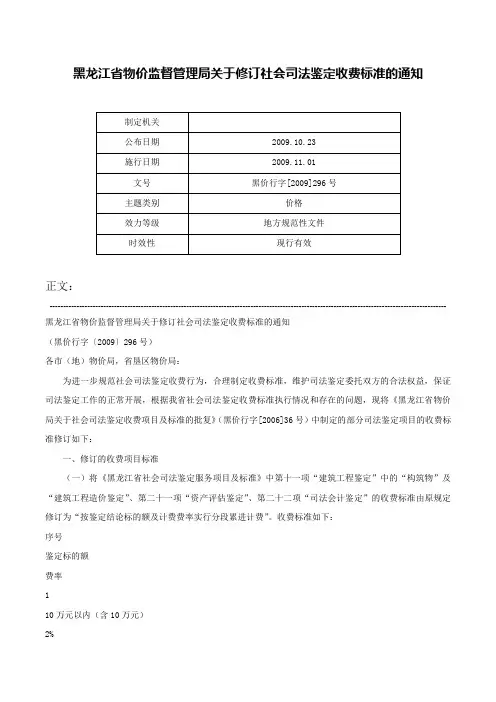 黑龙江省物价监督管理局关于修订社会司法鉴定收费标准的通知-黑价行字[2009]296号