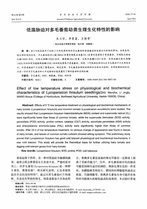 低温胁迫对多毛番茄幼苗生理生化特性的影响