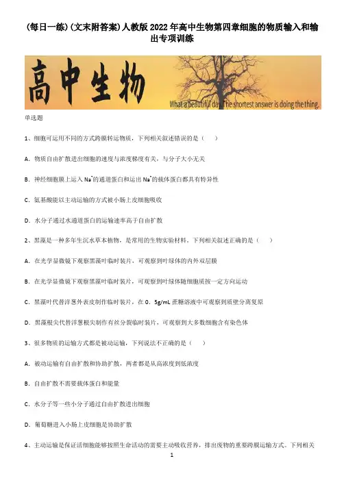 (文末附答案)人教版2022年高中生物第四章细胞的物质输入和输出专项训练
