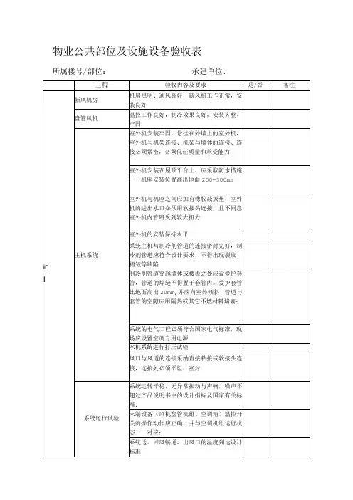 物业公共部位及设施设备验收表格(2023版)