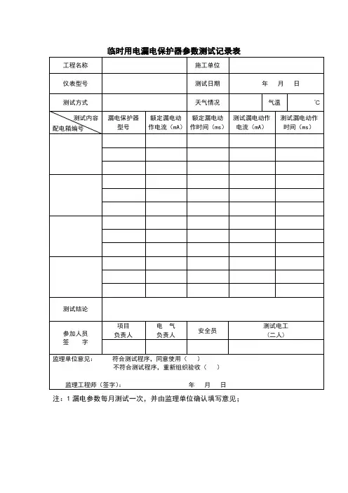 临时用电漏电保护器参数测试记录表