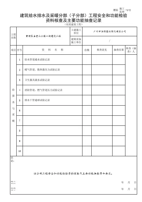 建筑给水排水及采暖分部(子分部)工程安全和功能检验资料核查及主要功能抽查记录