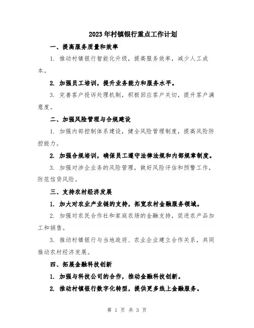 2023年村镇银行重点工作计划