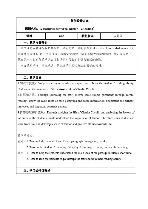 河北省奋飞中学人教版高中英语必修四教学设计：Unit 3 A master of nonverbal humor (Reading)