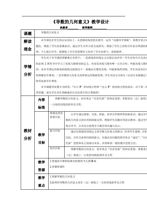 高中数学_导数的几何意义教学设计学情分析教材分析课后反思