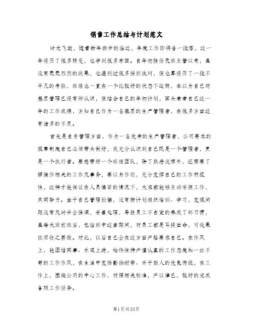 销售工作总结与计划范文(8篇)