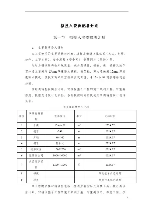 拟投入资源配备计划