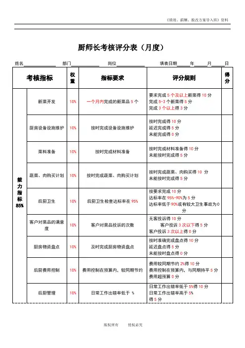 厨师长绩效考核表