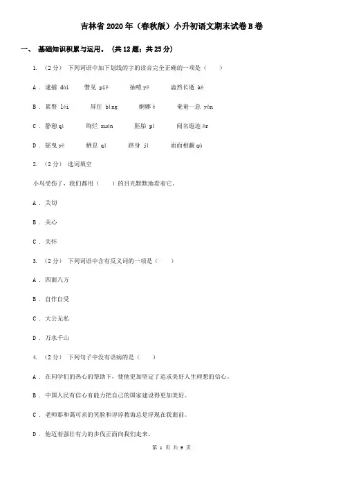 吉林省2020年(春秋版)小升初语文期末试卷B卷(精编)
