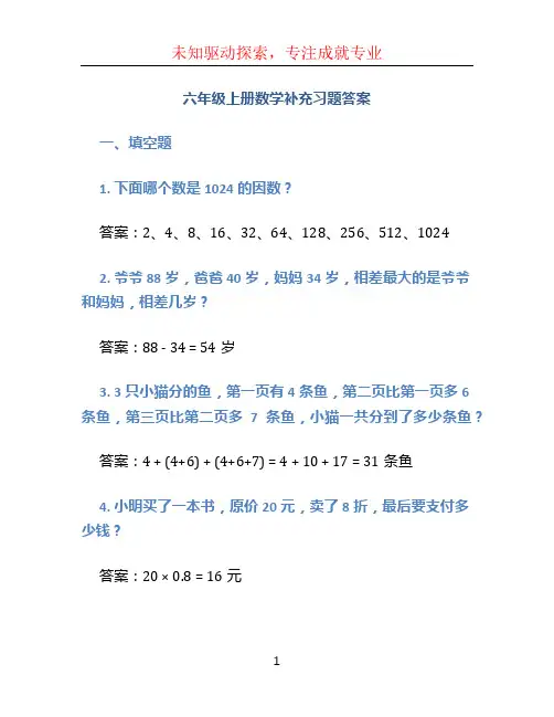 六年级上册数学补充习题答案
