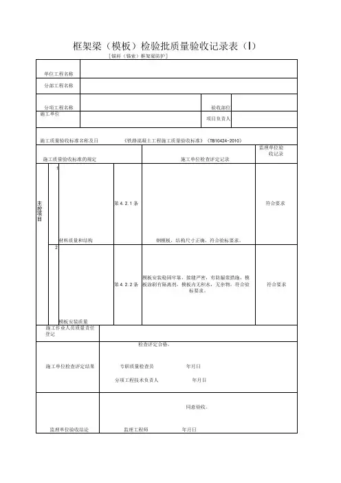 锚杆锚索框架梁防护框架梁模板检验批质量验收记录表Ⅰ