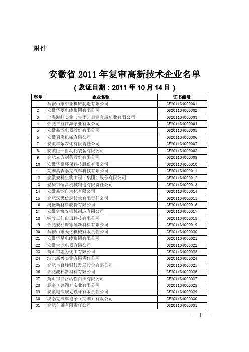 安徽省2011年复审高新技术企业名单