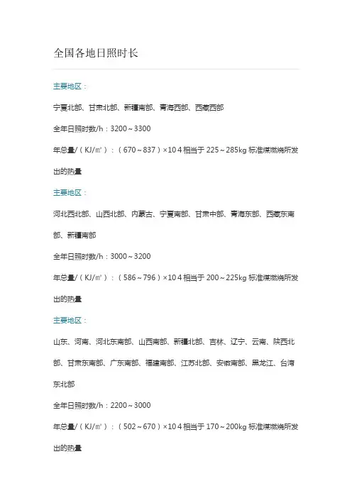 全国各地日照时长