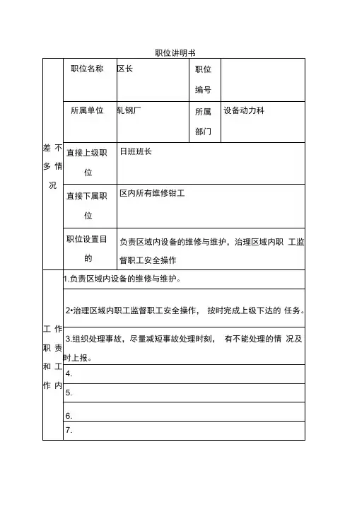 轧钢厂设备科职位说明书汇编1