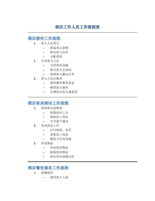 酒店工作人员工作流程表