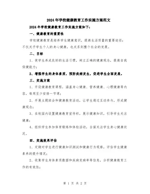 2024年学校健康教育工作实施方案范文