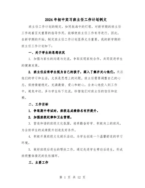 2024年初中实习班主任工作计划例文（五篇）