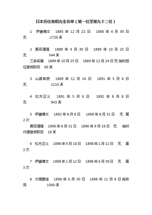 日本历任首相完全名单（第一任至第九十二任）
