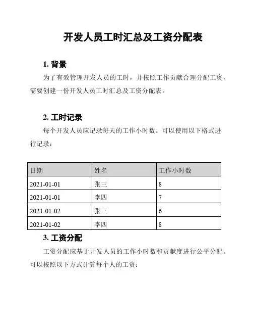 开发人员工时汇总及工资分配表