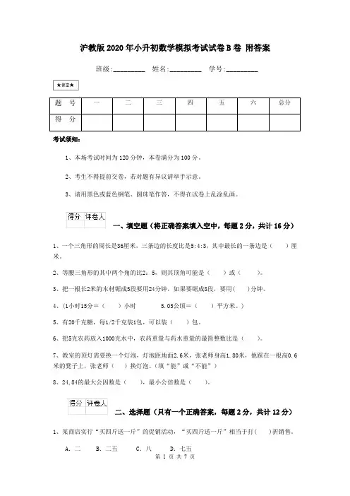 沪教版2020年小升初数学模拟考试试卷B卷 附答案