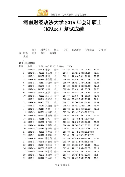 河南财经政法大学会计硕士(MPAcc)复试成绩