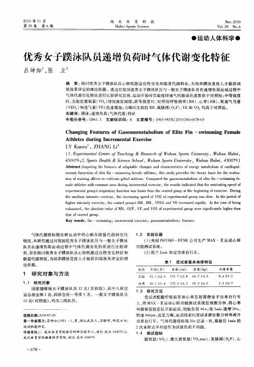 优秀女子蹼泳队员递增负荷时气体代谢变化特征