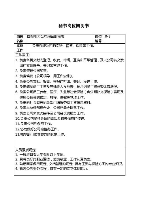 国投电力公司综合部秘书岗位基本职责