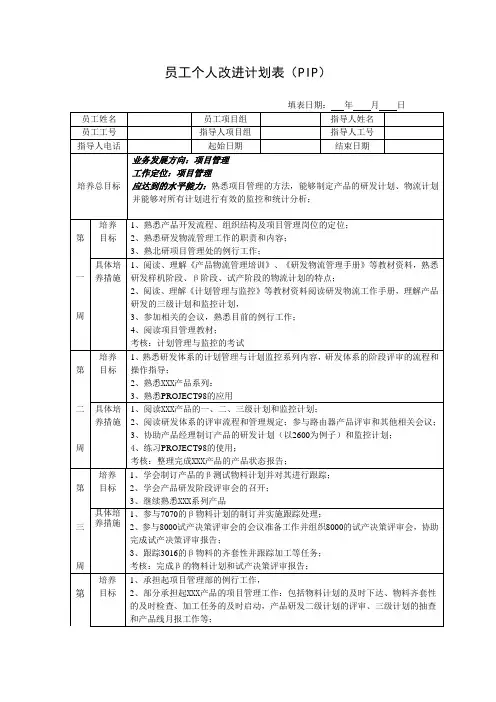 员工个人改进计划表PIP