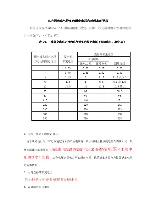 电力网和电气设备的额定电压和对频率的要求