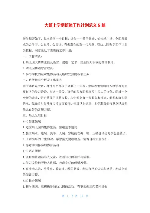大班上学期班级工作计划范文5篇