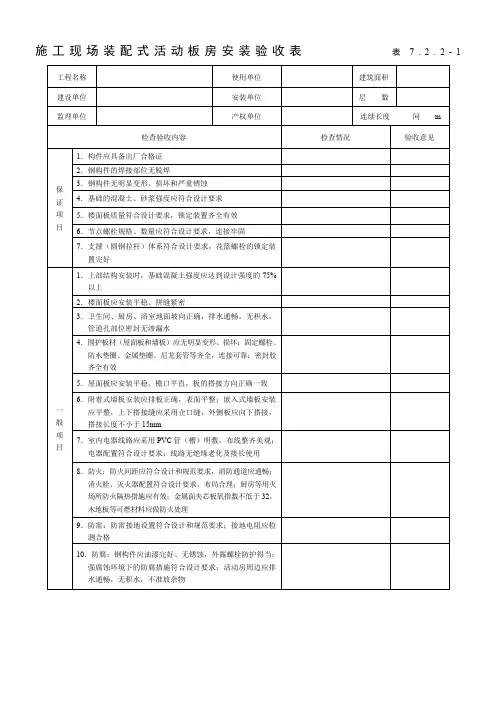 装配式活动板房验收表及检查表
