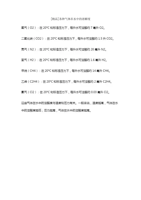 [精品]各种气体在水中的溶解度