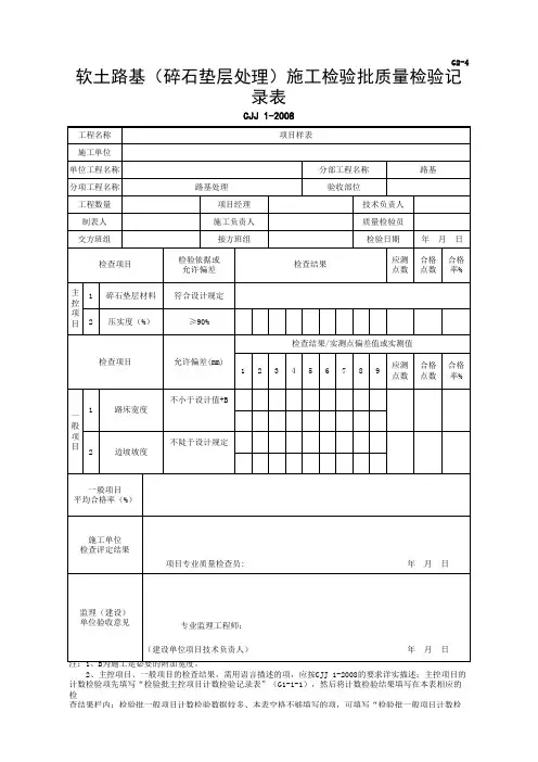 软土路基(碎石垫层处理)施工检验批质量检验记录表