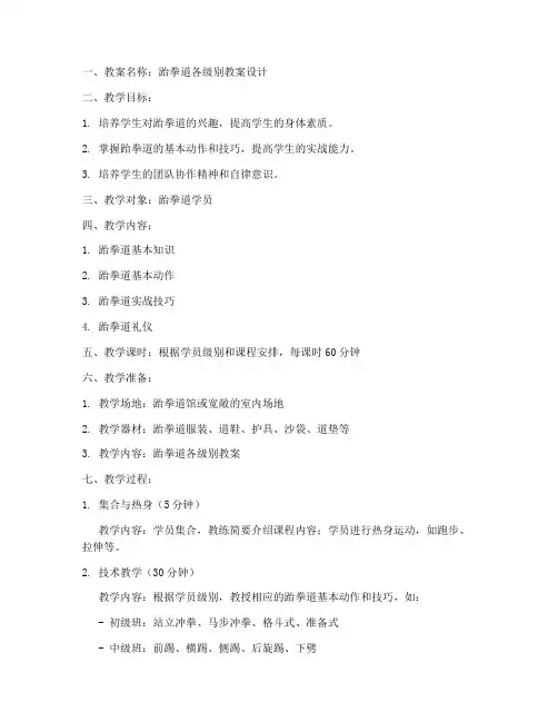 跆拳道各级别教案设计模板
