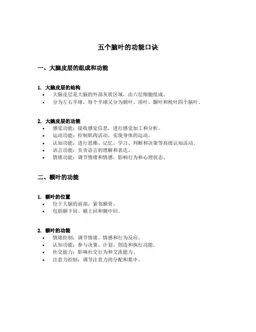 五个脑叶的功能口诀