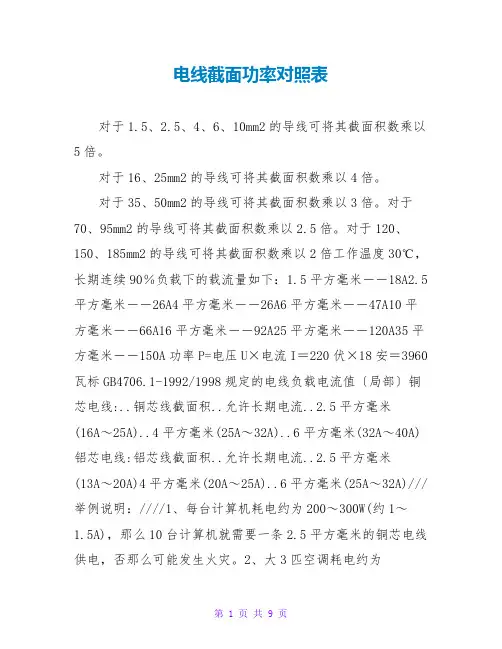 电线截面功率对照表