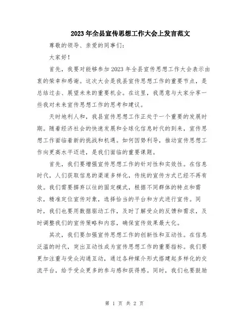 2023年全县宣传思想工作大会上发言范文
