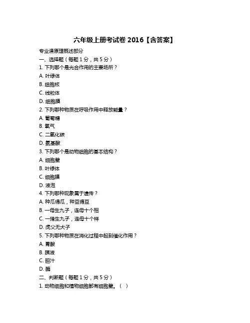 六年级上册考试卷2016【含答案】