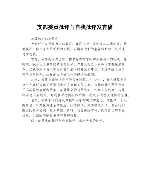 支部委员批评与自我批评发言稿