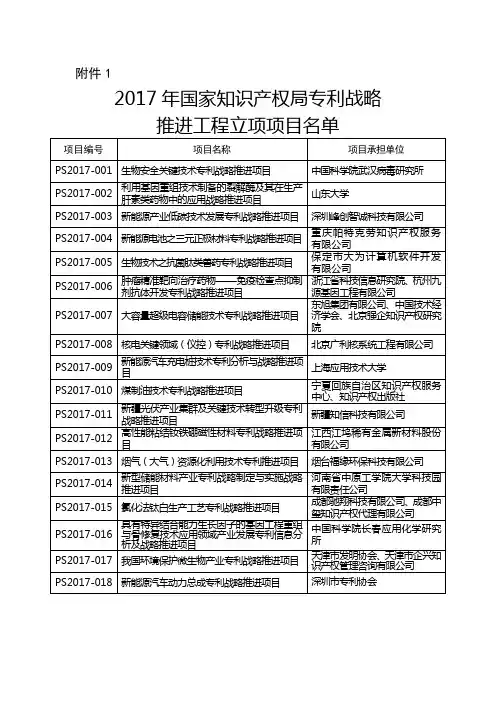 2017年国家知识产权局专利战略推进工程立项项目名单