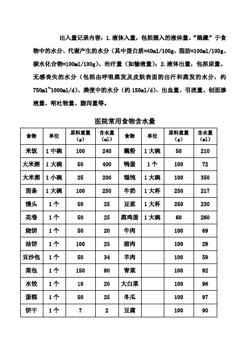 医院常用食物含水量表