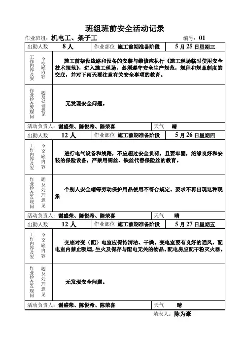 班组班前安全活动记录