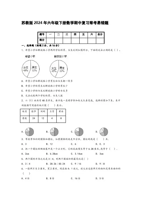 苏教版2024年六年级下册数学期中复习常考易错题【含答案】